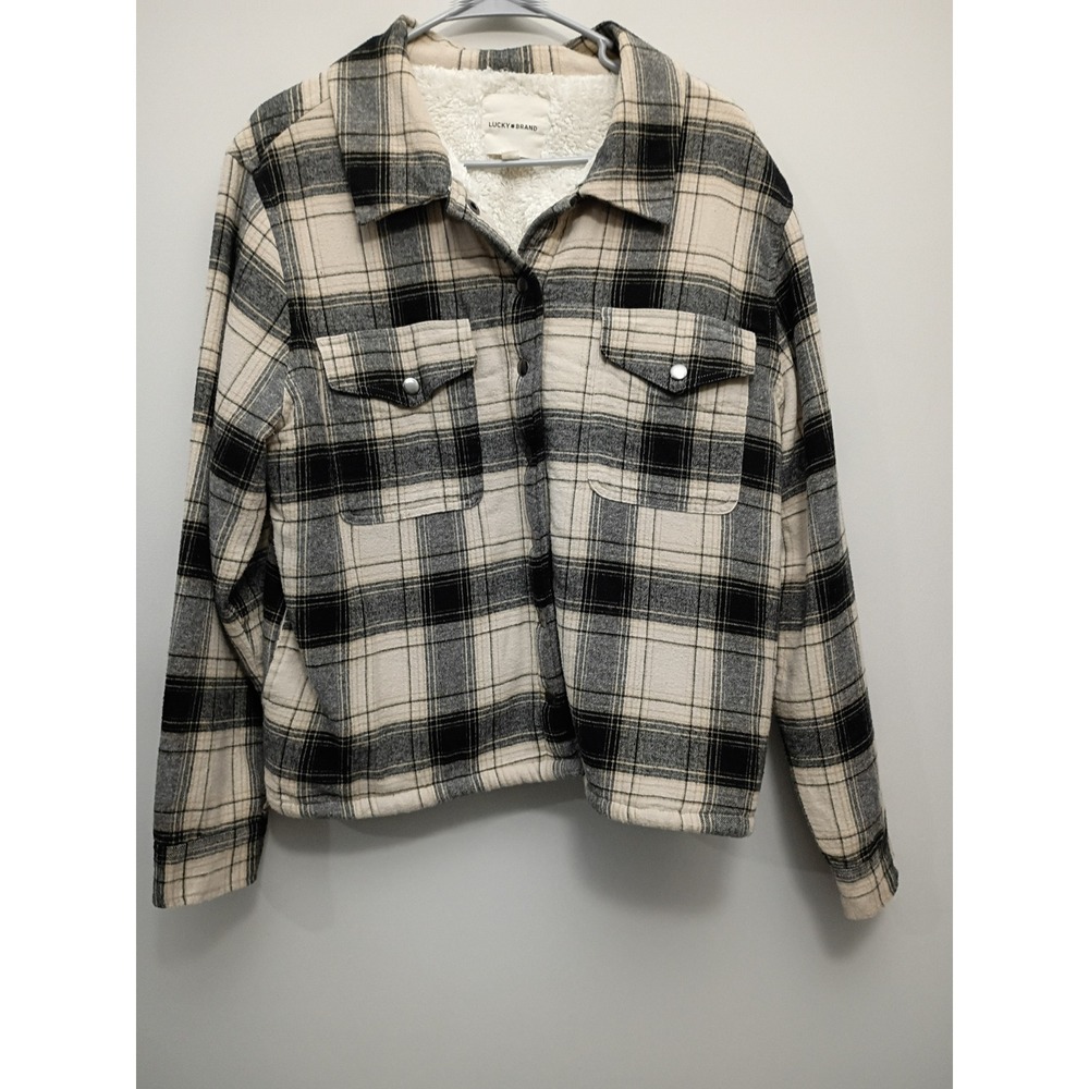 Lucky Brand Women Black Cream Plaid Sherpa Lined Flannel Shacket Jacket L